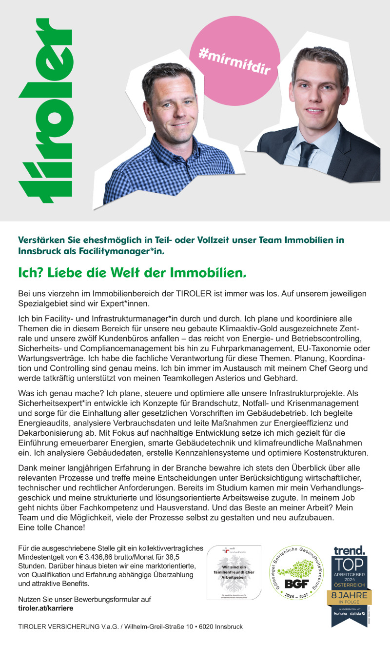 Facilitymanager*in im Team Immobilien