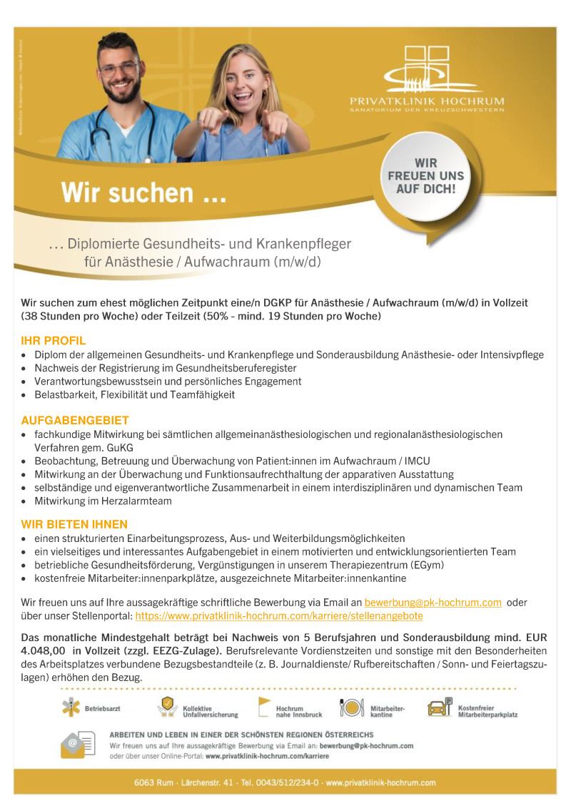 Diplomierte Gesundheits- und Krankenpfleger für Anästhesie / Aufwachraum (m/w/d)